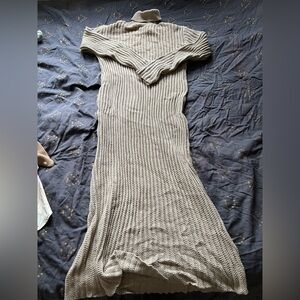 Wasted Knot by Joma Vintage Tan Ribbed Long Turtleneck Sweater Dress